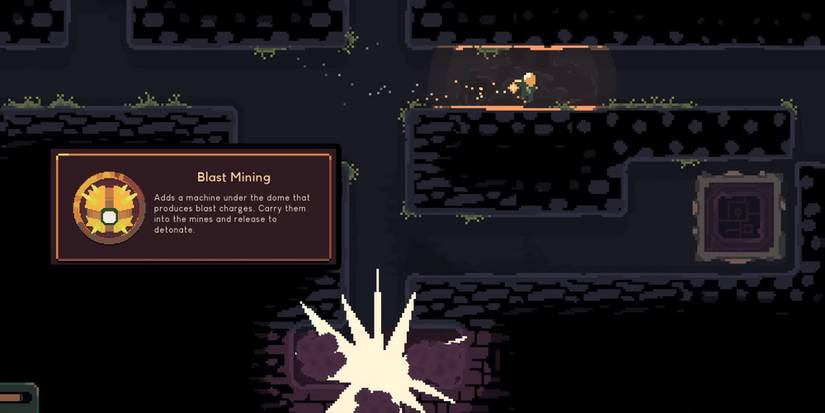Dome Keeper - Blast Mining Bomb Going Off With Gadget Description Overlaid On Top