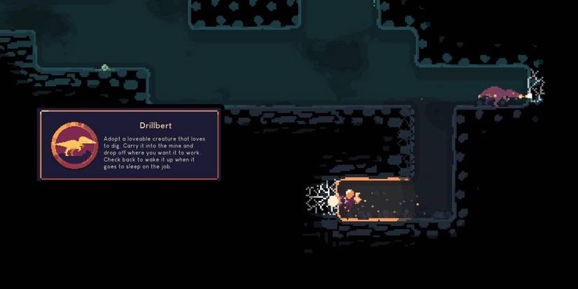 Dome Keeper - Player And Drillbert Mining In Different Directions With Drillbert Description Overlaid On Top