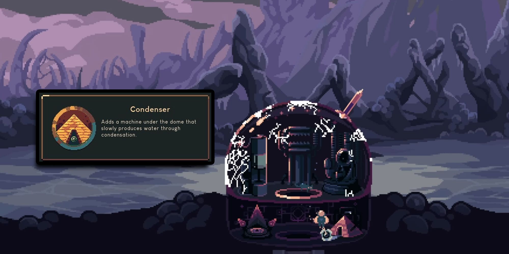 Dome Keeper - Player Grabbing Water From Condenser With Gadget Description Overlaid On Top