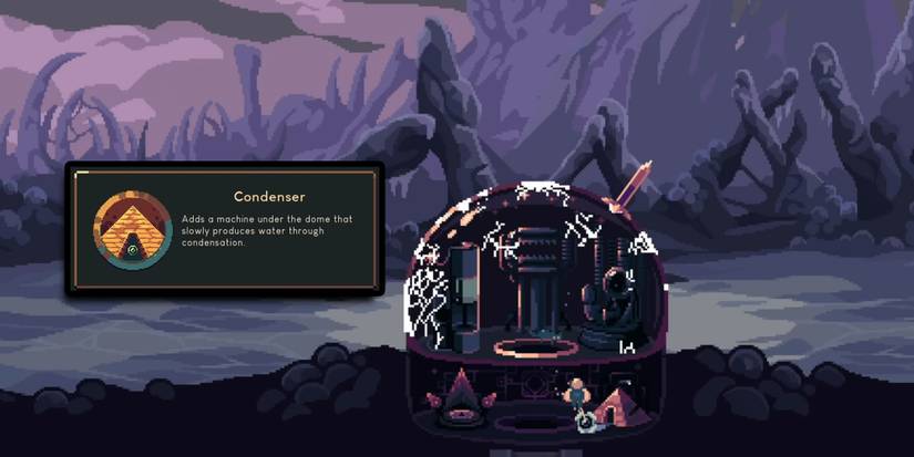 Dome Keeper - Player Grabbing Water From Condenser With Gadget Description Overlaid On Top