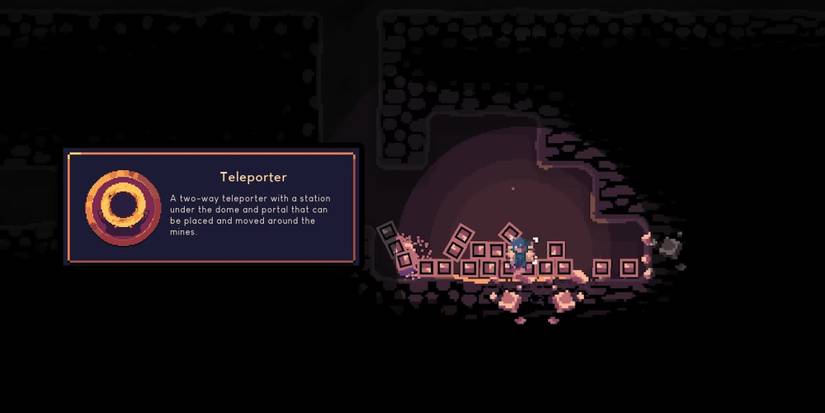 Dome Keeper - Player Just Mining Resources And Letting Teleporter Teleport Everything Back With Gadget Description Overlaid On Top