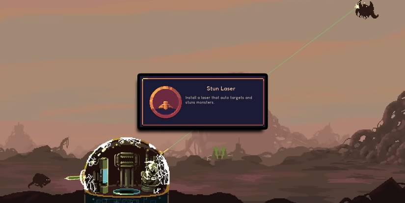 Dome Keeper - Player Using Stun Laser On Sword Dome With Stun Laser Description Overlaid On Top