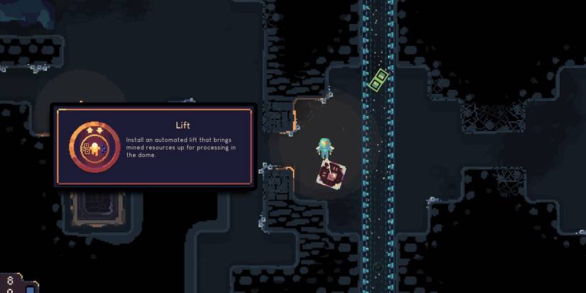 Dome Keeper - Player Using The Lift With Gadget Description Overlaid On Top