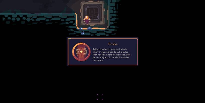 Dome Keeper - Probe Finding Something Right Near Bottom Of Screen With Gadget Description Overlaid On Top