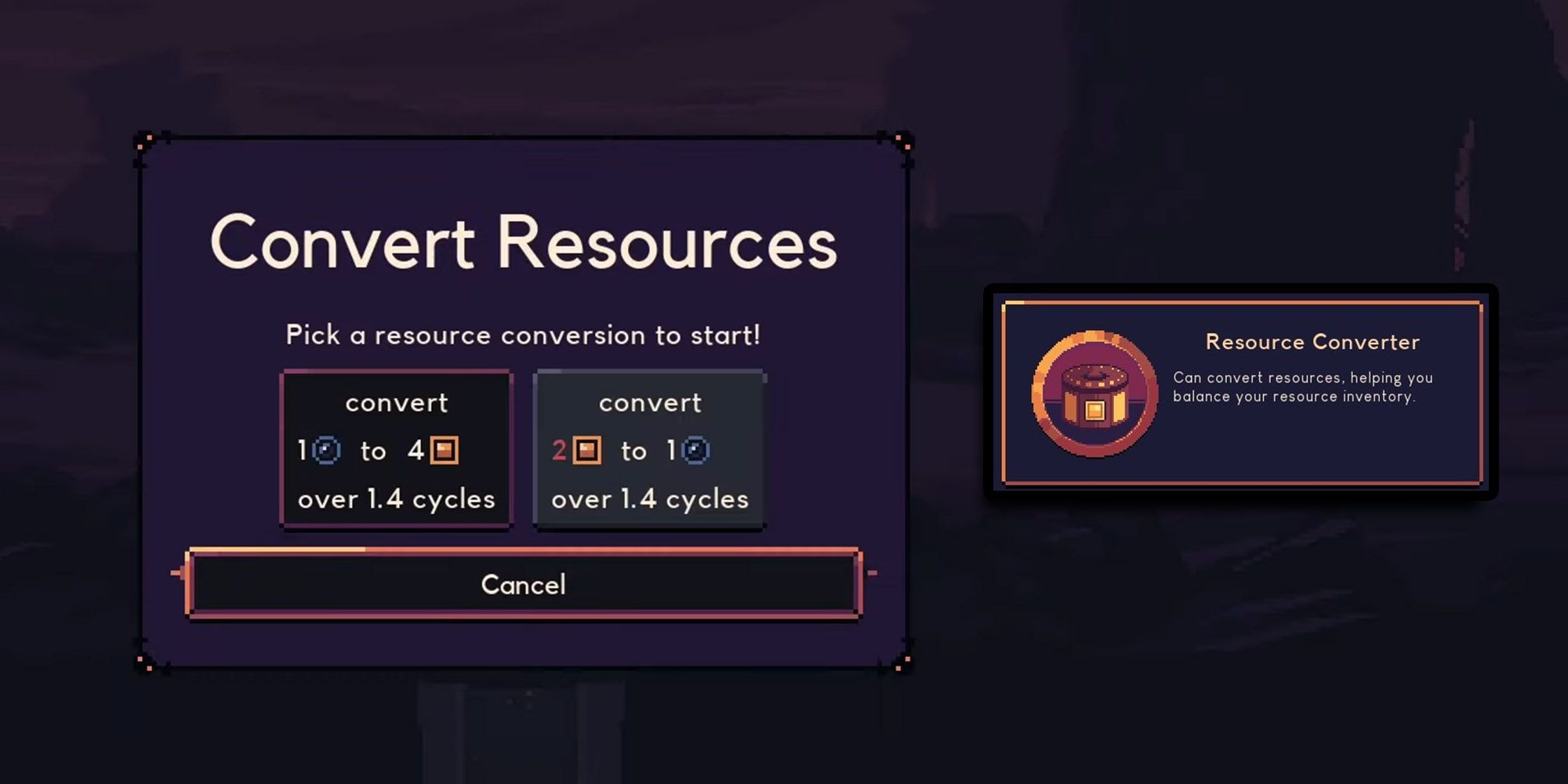 Dome Keeper - Selecting Resource Converter Options In-Game With Gadget Description Overlaid On Top