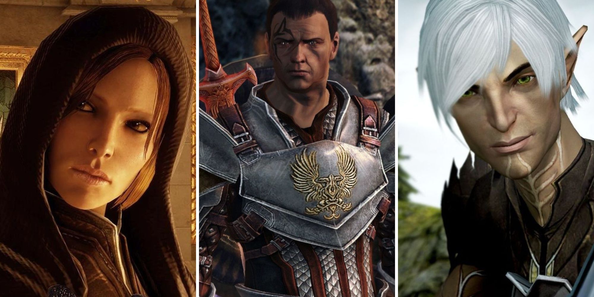 A grid of images showing the characters in this order, Leliana from Dragon Age: Inquisition, The Hero of Ferelden from Dragon Age: Origins, and Fenris from Dragon Age 2