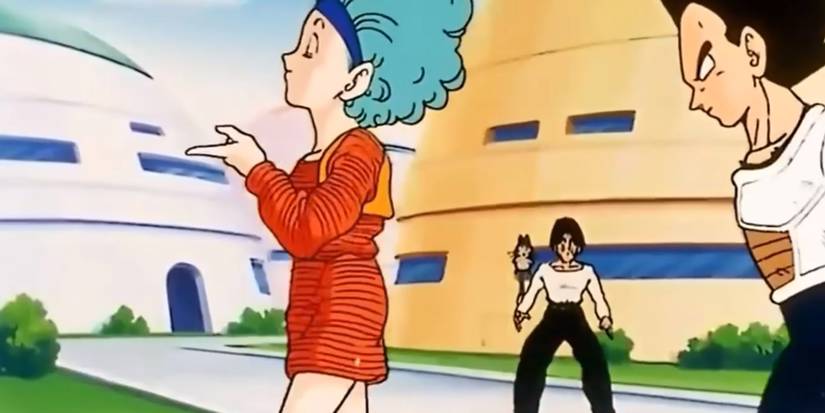 Dragon Ball - Bulma Guiding Vegeta To Shower While Yamcha Looks Surprised In Background