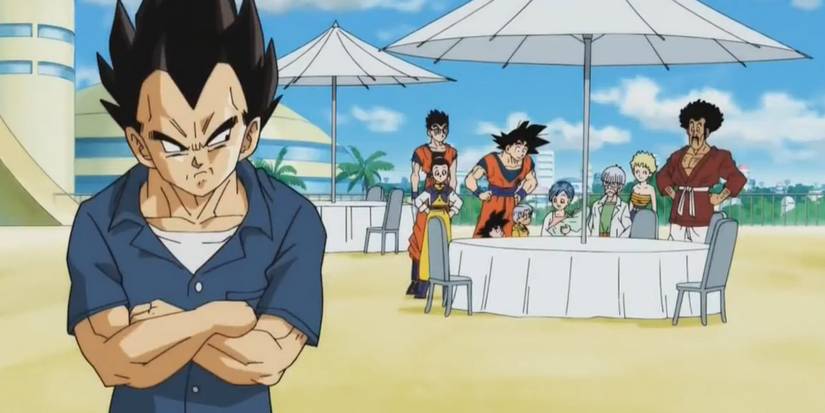 Dragon Ball - Everyone Meeting Bulla With Vegeta Sheepishly Looking Back Toward Them