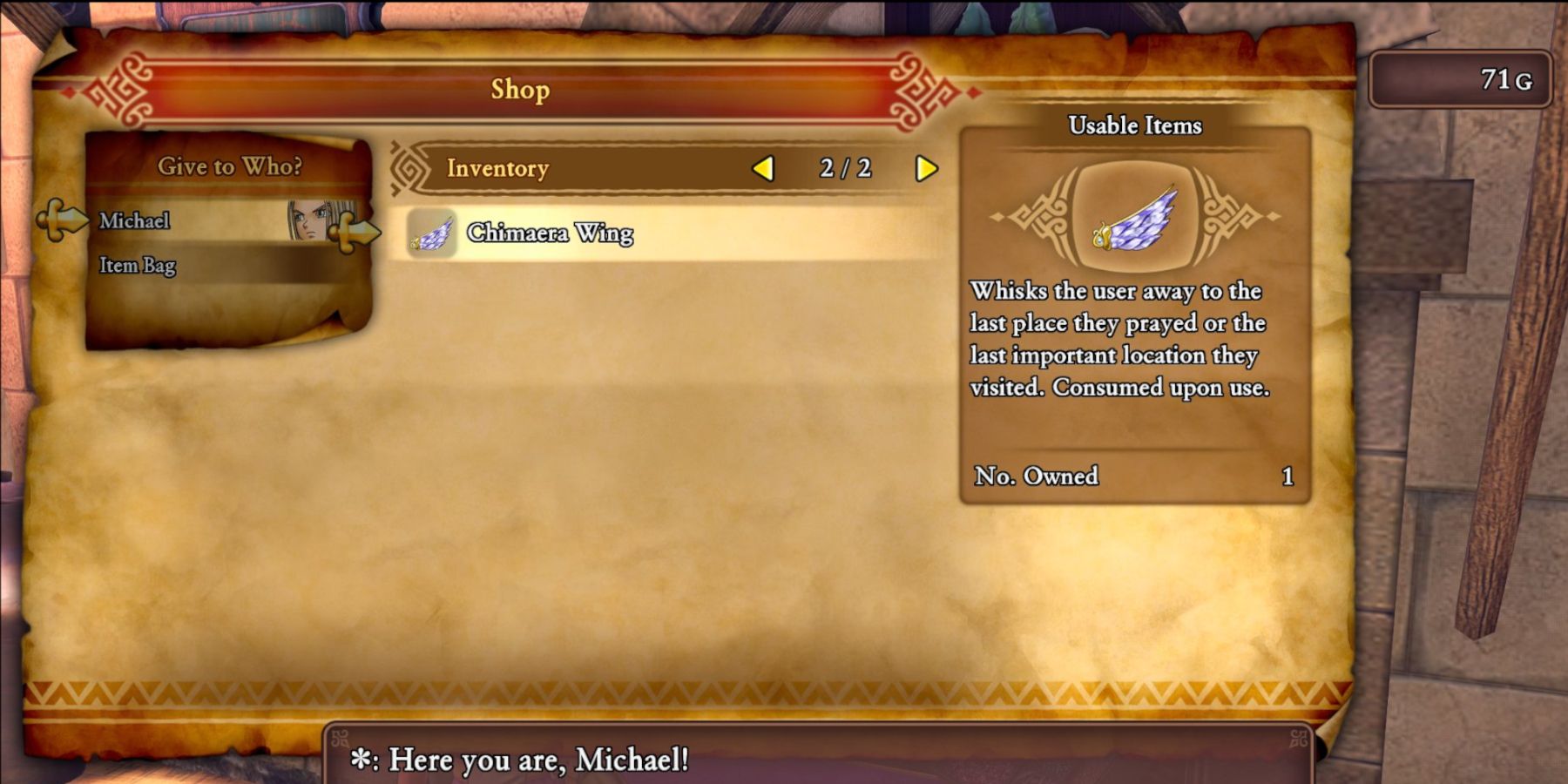 Dragon Quest 11 purchasing a Chimaera Wing