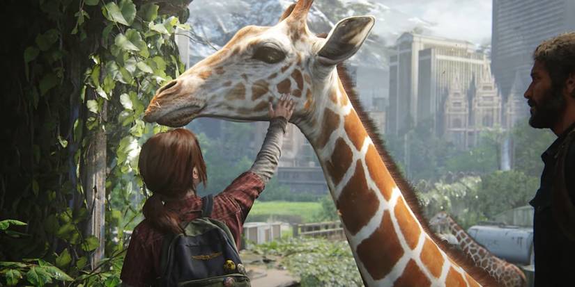 Ellie and Joel The Last of Us Part I petting giraffe