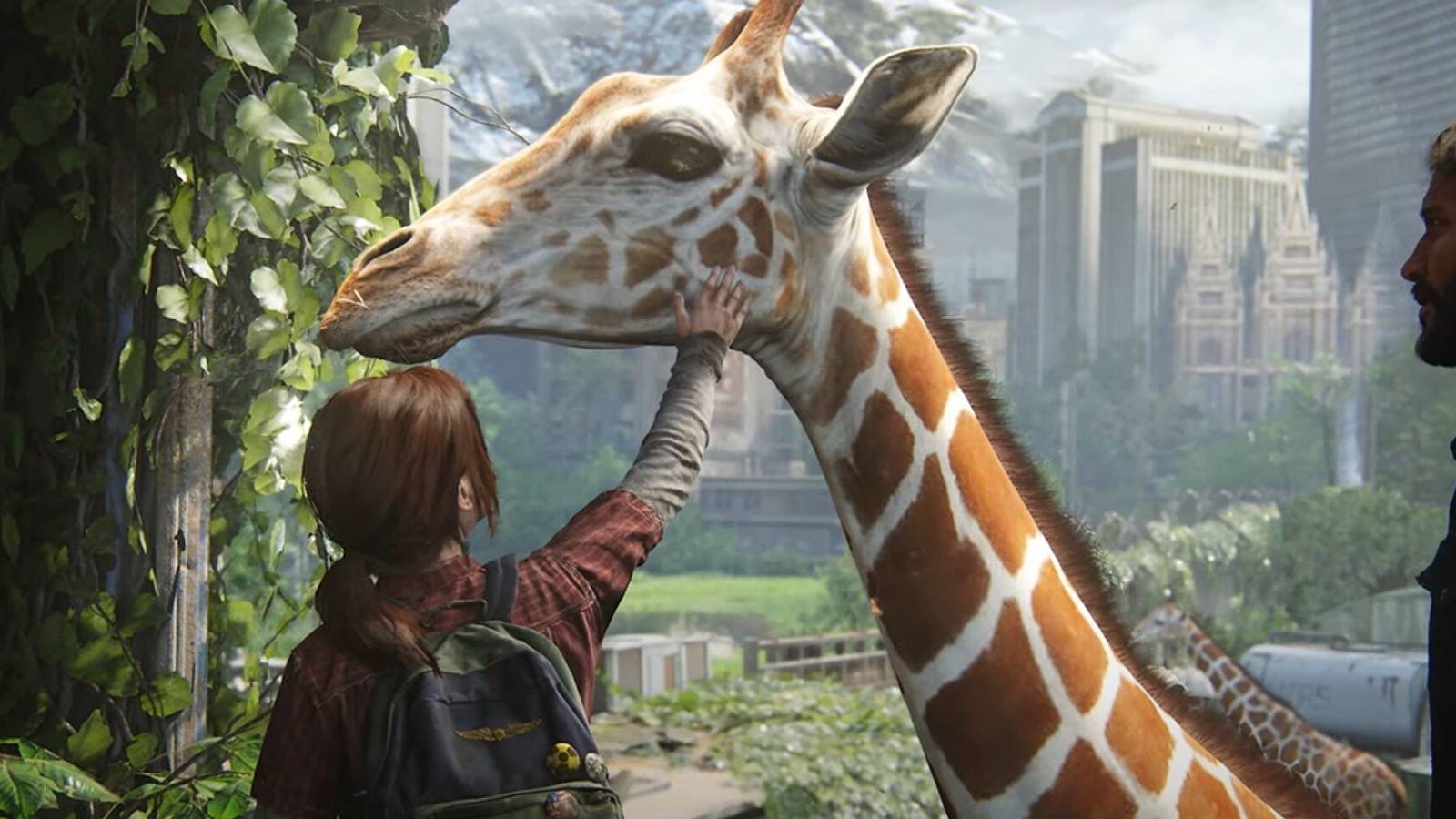 Ellie and Joel The Last of Us Part I petting giraffe