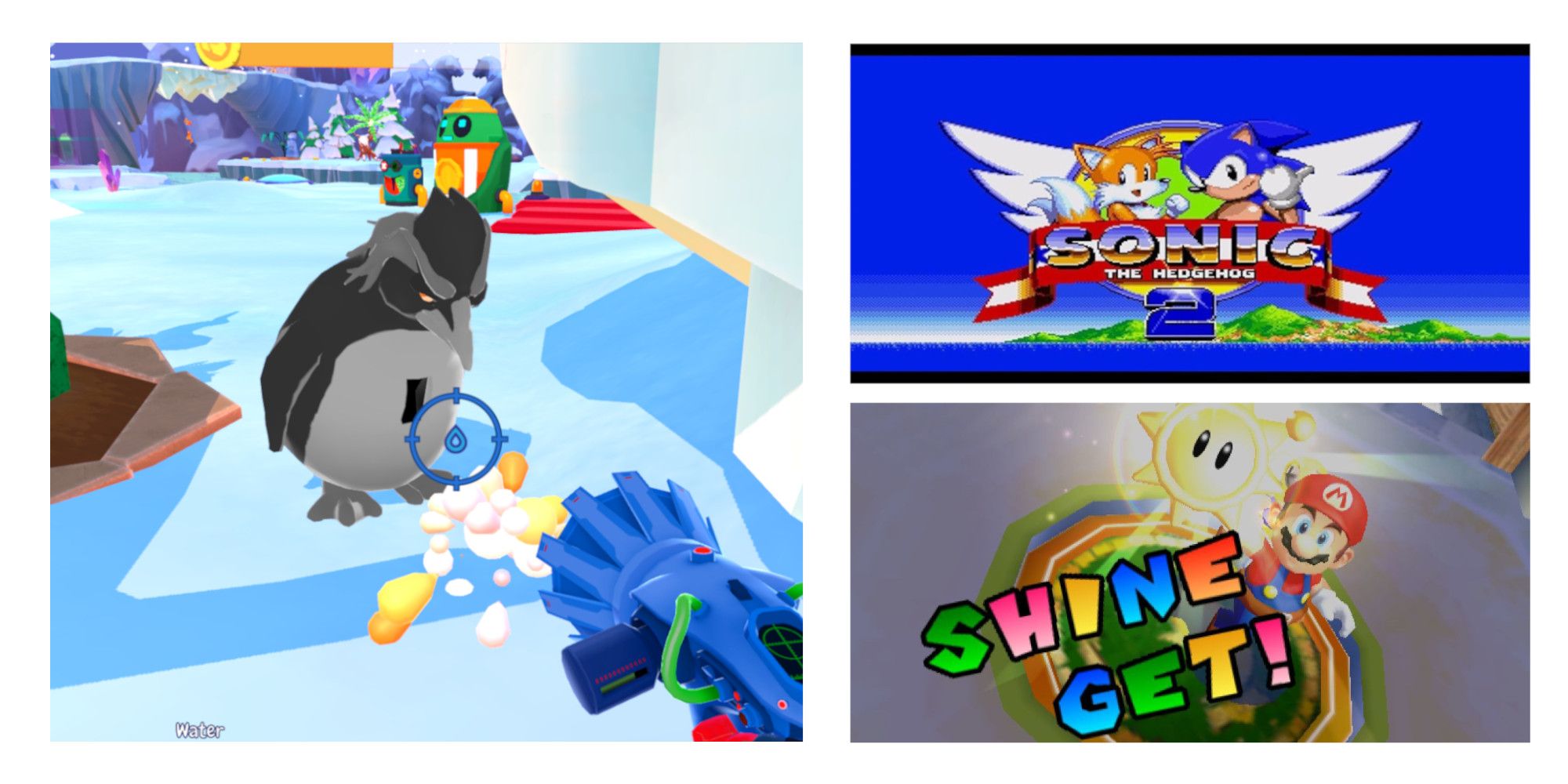 Left: An emperor penguin from Island Saver. Top-Right: Sonic and Tails on the Sonic the Hedgehog 2 menu logo. Bottom-right: Mario holding up a sun, with the text 
