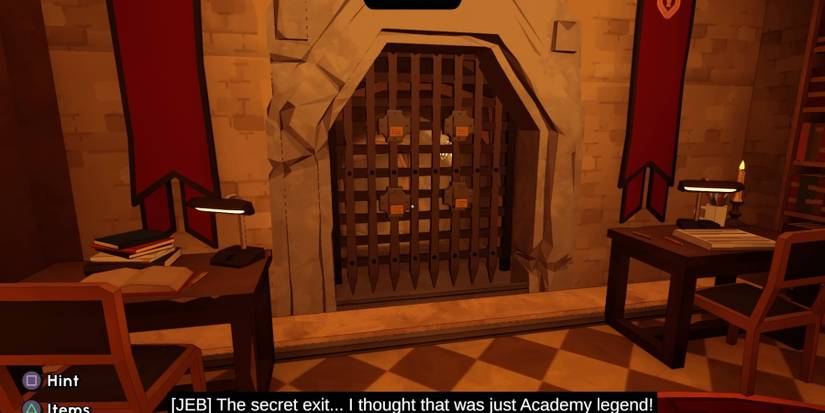 This gate is unlocked at the start of Escape Academy Where There's Smoke, but requires hidden tiles to unlock.