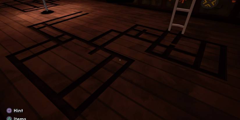 Floor grooves for moving the ladder in Escape Academy Where There's Smoke 