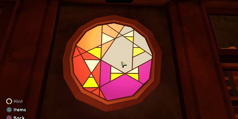 A stained glass relief used to solve the hourglass puzzle in Escape Academy Where There's Smoke 