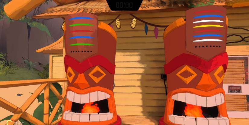 The two leftmost tiki heads outside the juice bar in Escape Academy A Juicy Discovery