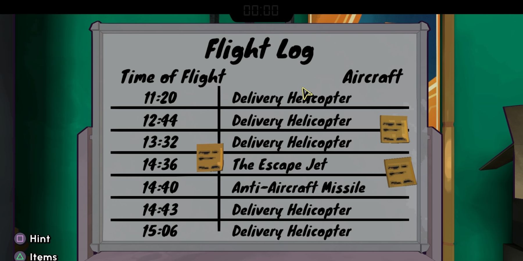 The flight log clue found in Escape Academy A Juicy Discovery's secret room