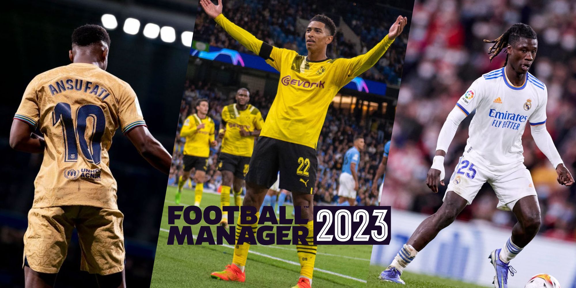 Ansu Fati, Jude Bellingham and Eduardo Camavinga in Football Manager 2023