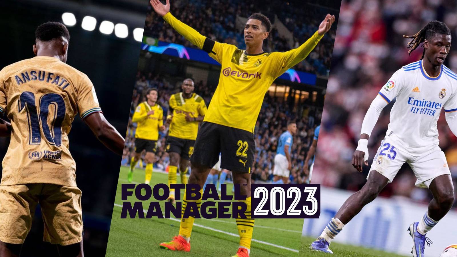 Ansu Fati, Jude Bellingham and Eduardo Camavinga in Football Manager 2023