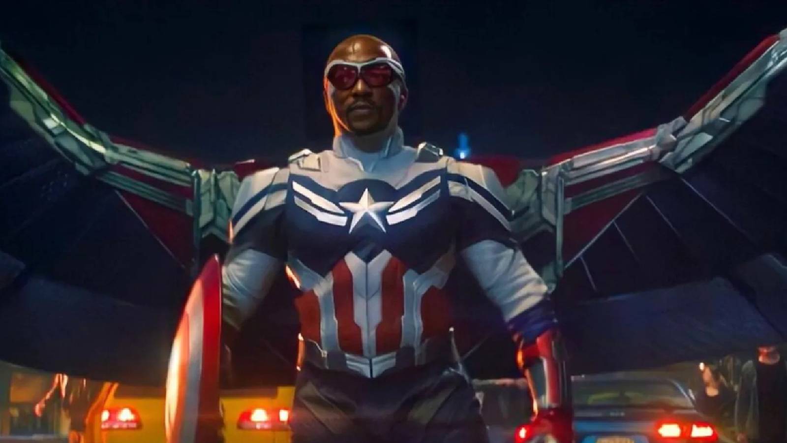 Sam Wilson donning his Captain America suit with wings and Steve's shield 