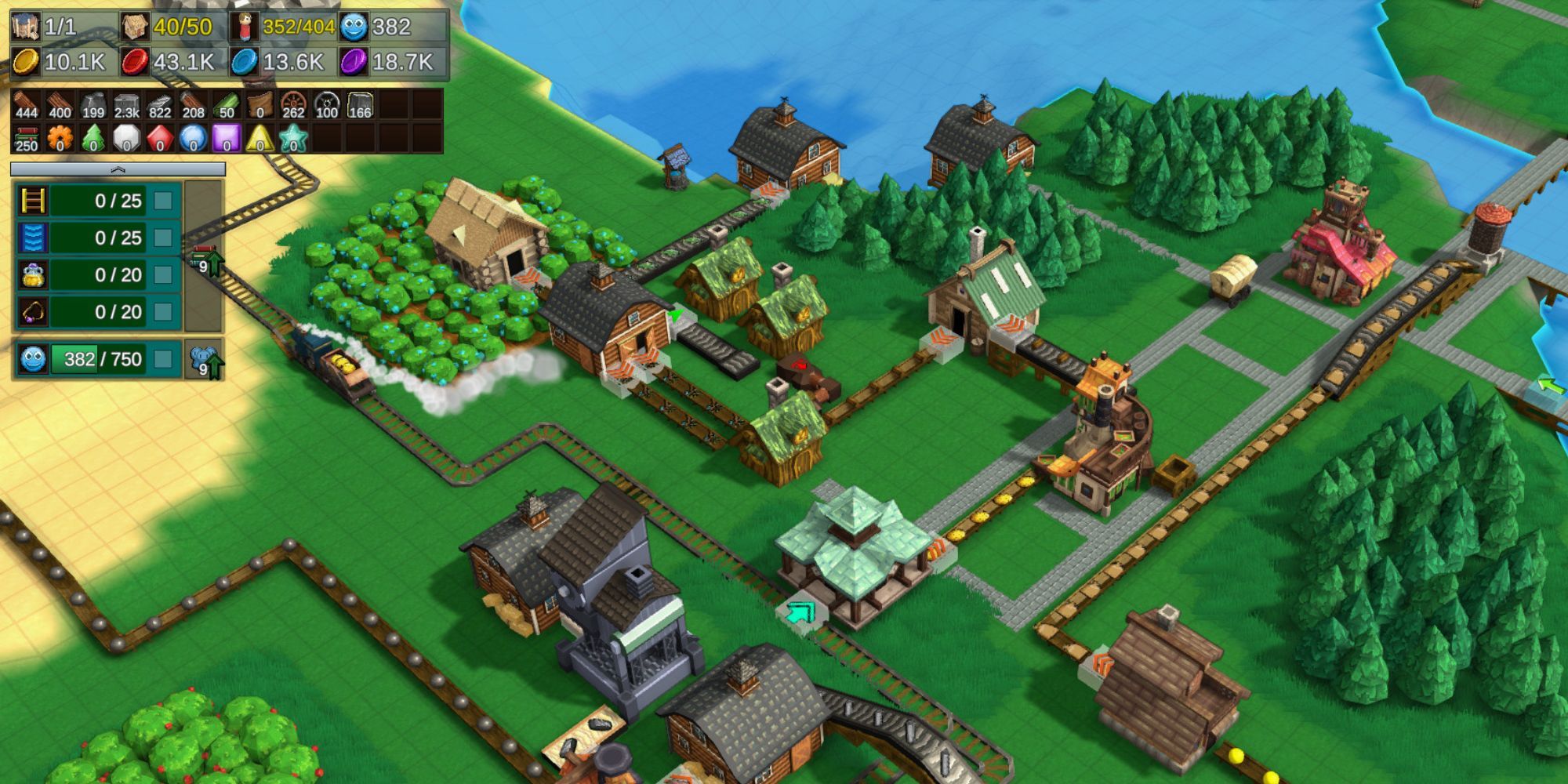 A small town by the water with conveyors running through it in Factory Town