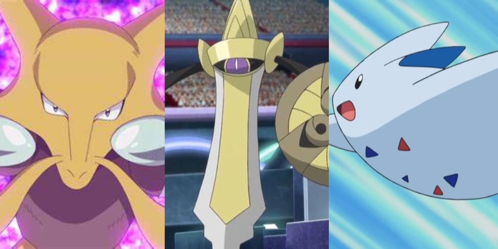 Alakazam with purple glow Aegislash in stadium Togekiss flying from Pokemon