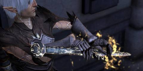 Fenris running his hand across a magical blade in Dragon Age 2