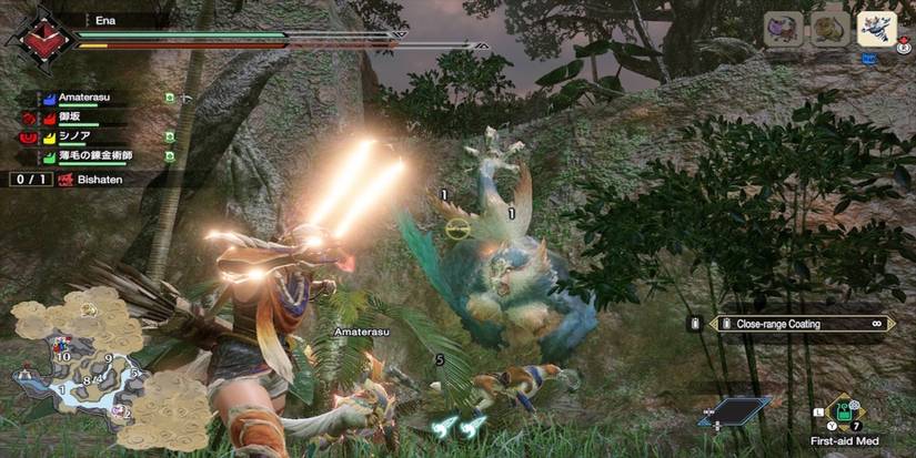 Fighting a boss in Monster Hunter Rise