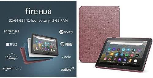 Fire HD 8 bundle including ad-supported Fire HD 8 tablet (Plum, 32GB) and Amazon stand-up case (Plum)