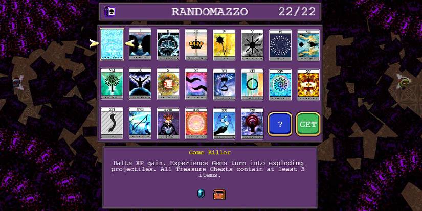 Selecting the Game Killer arcana in Vampire Survivors