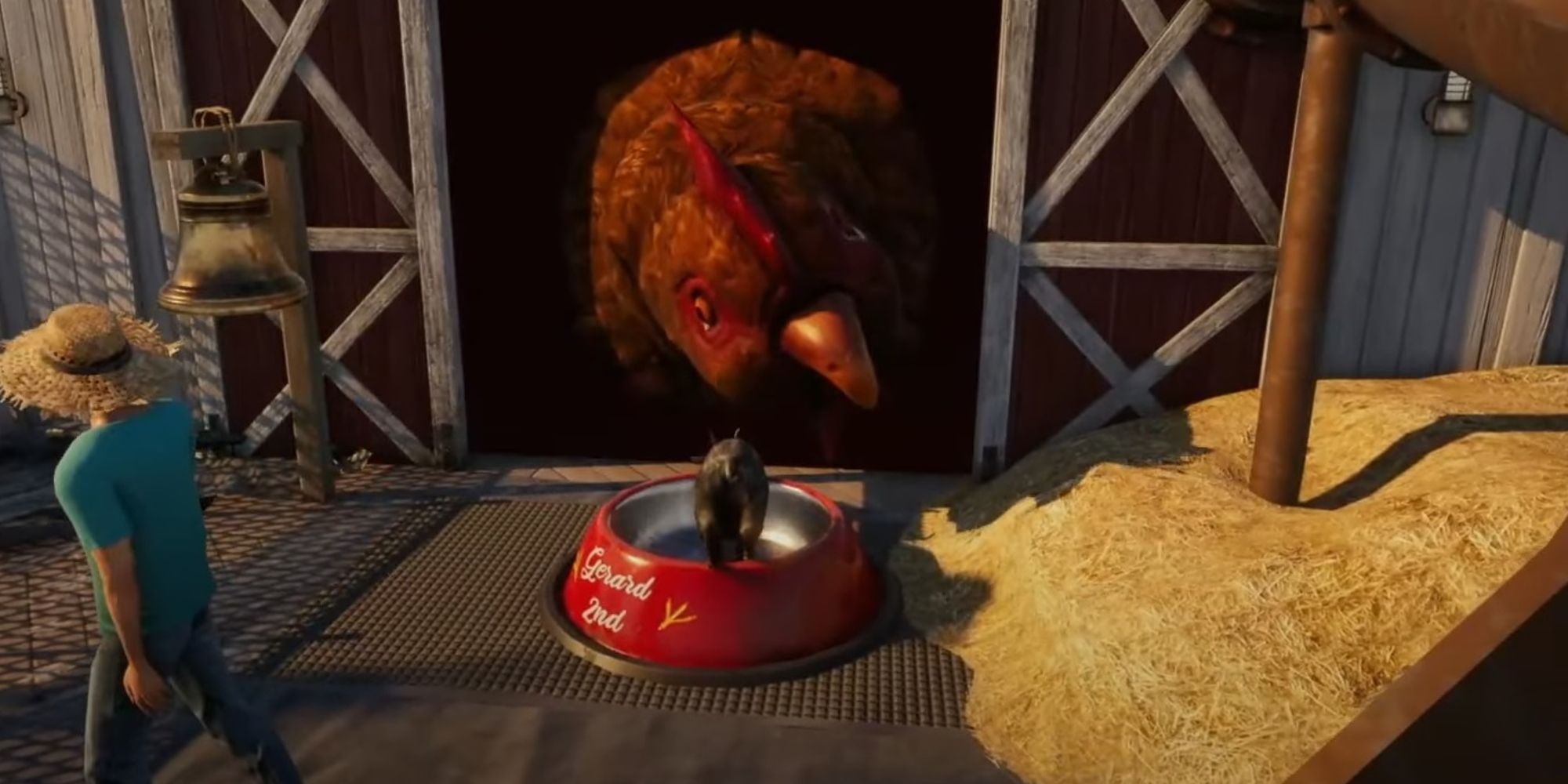 Giant chicken looks at Goat in Goat Simulator 3