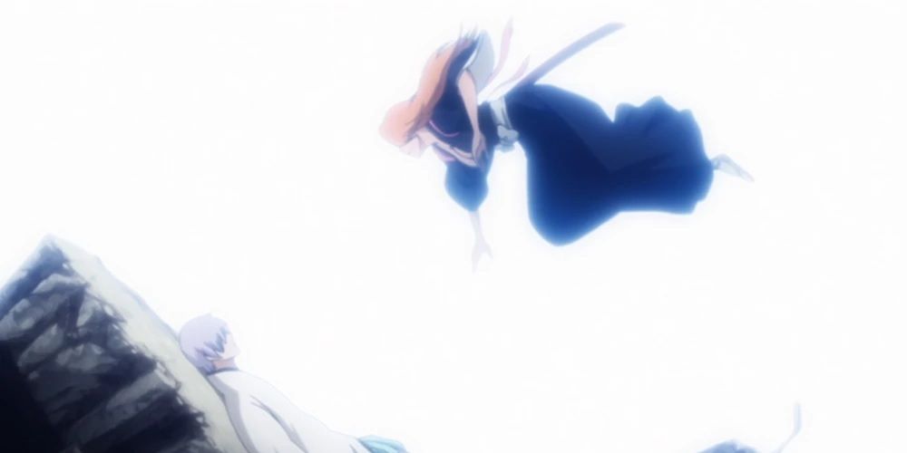 Rangiku rushing towards a dying Gin in the Bleach anime