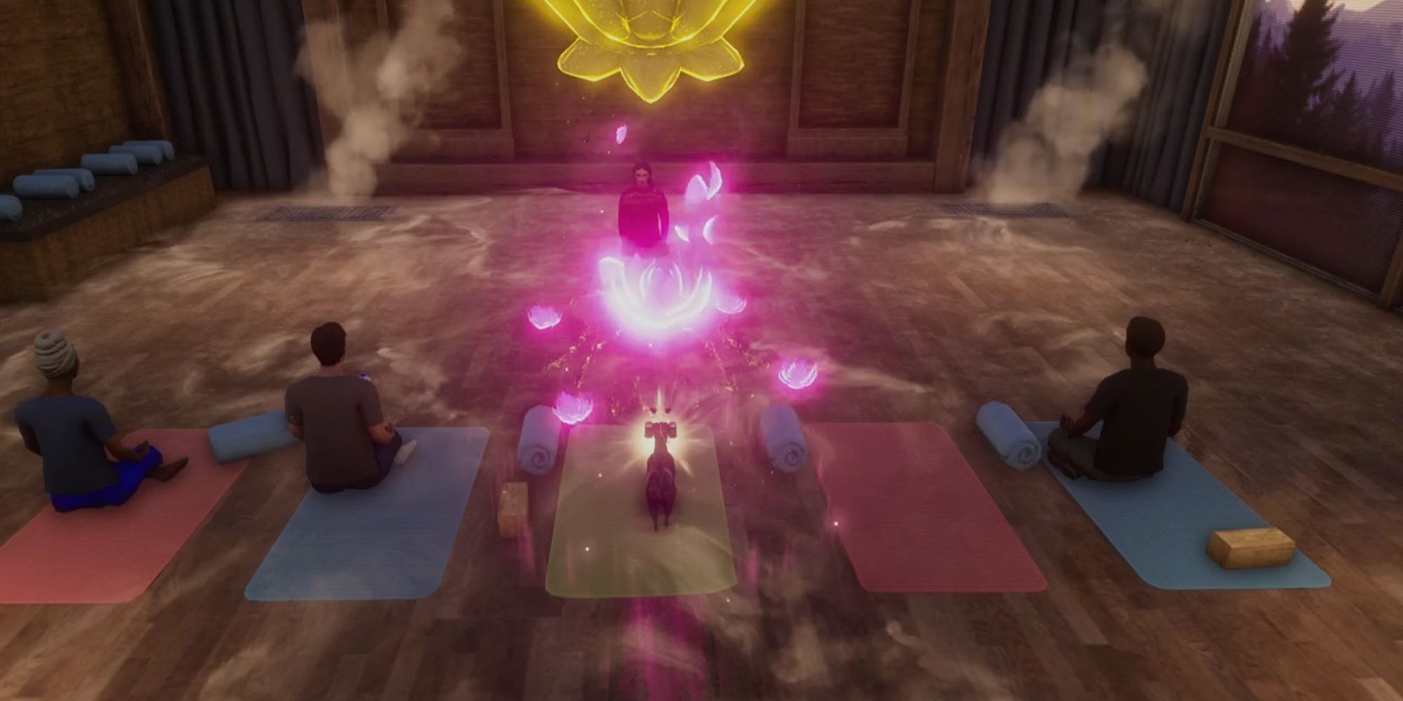 Goat stands on mat during yoga session in Goat Simulator 3