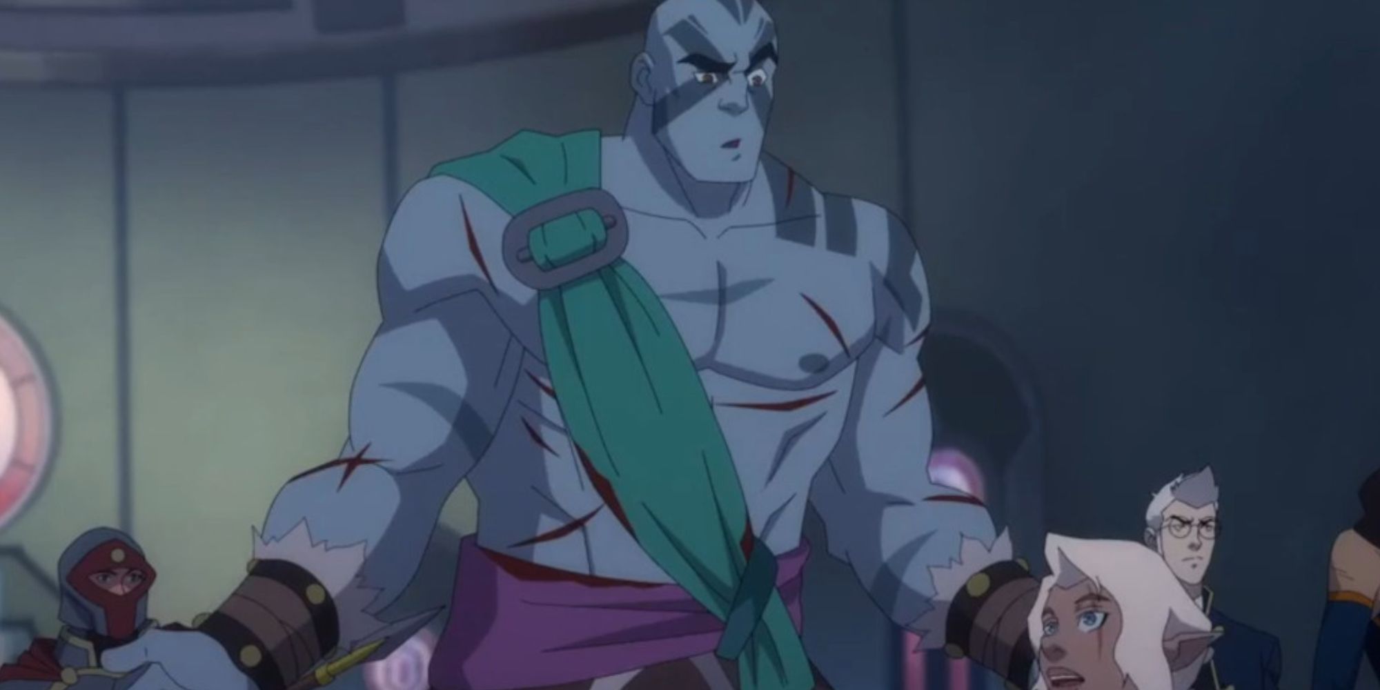 Grog and Pike standing as Lady Allura chastises them. 