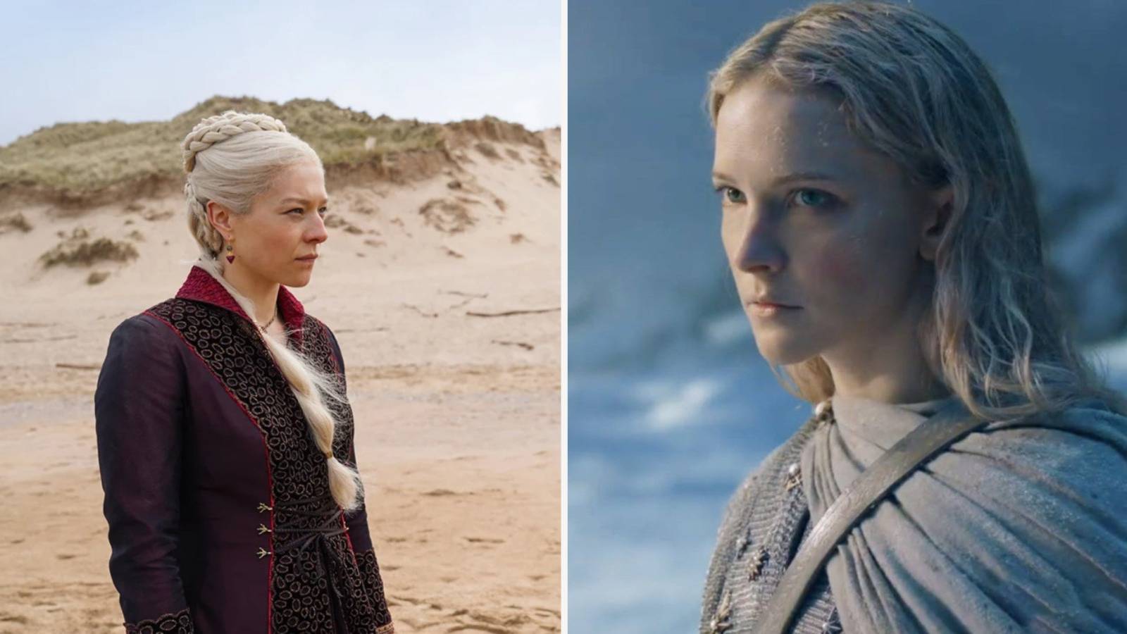 House of the Dragon Rhaenyra and Rings of Power Galadriel split image