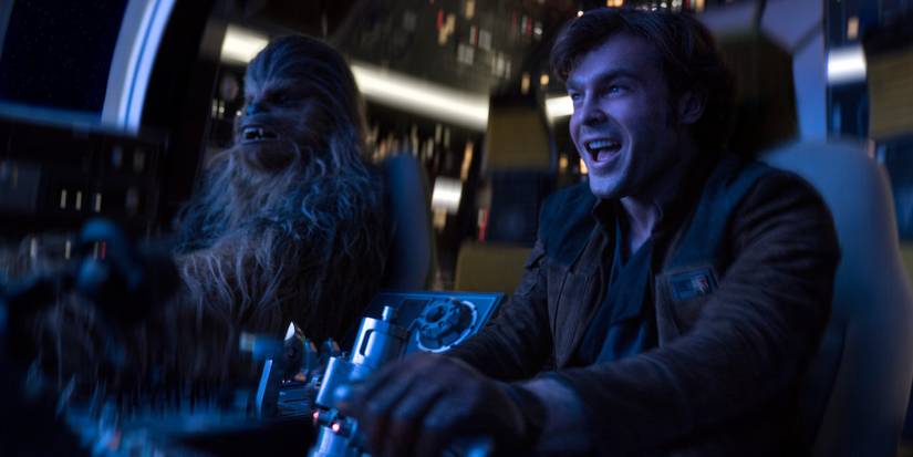 Han and Chewie flying the Falcon in Solo A Star Wars Story