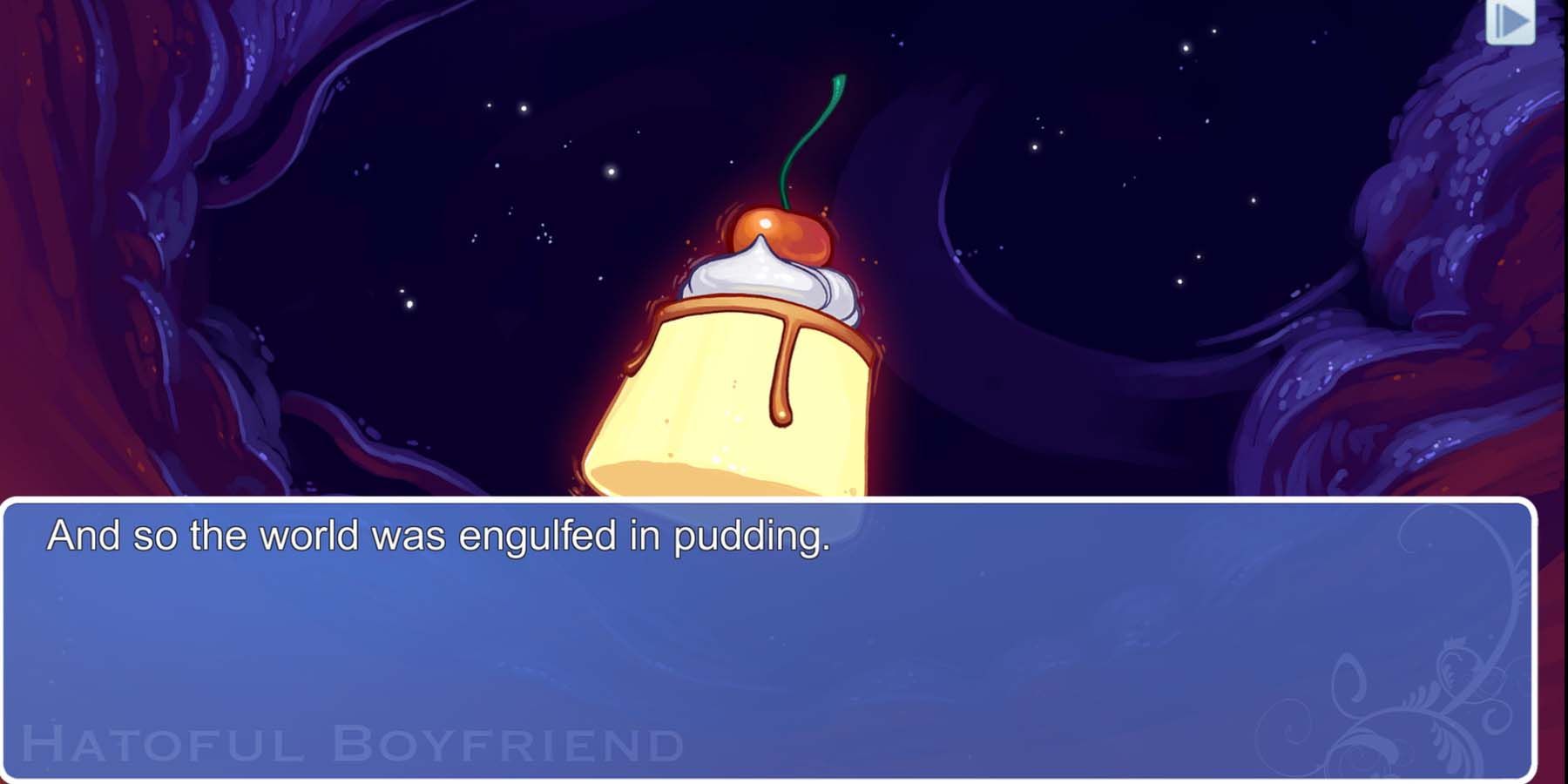 A pudding floats in the dark night sky, the words "And so the world was engulfed in pudding" in a text box at the bottom.