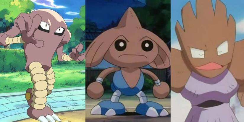 Hitmonlee in a park Hitmontop in a stadium and Hitmonchan from Pokemon