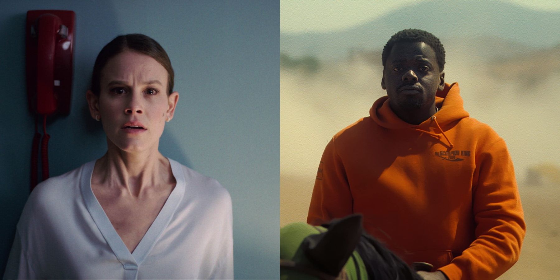 Split image of Sosie Bacon in Smile and Daniel Kaluuya in Nope