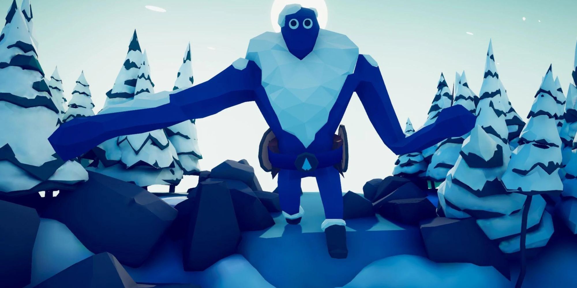 A blue Ice Giant standing between the trees in Totally Accurate Battle Simulator