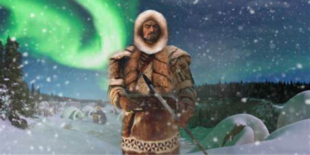 An Inuit Against a Snowy background with the northern lights in the sky in Civilization 5