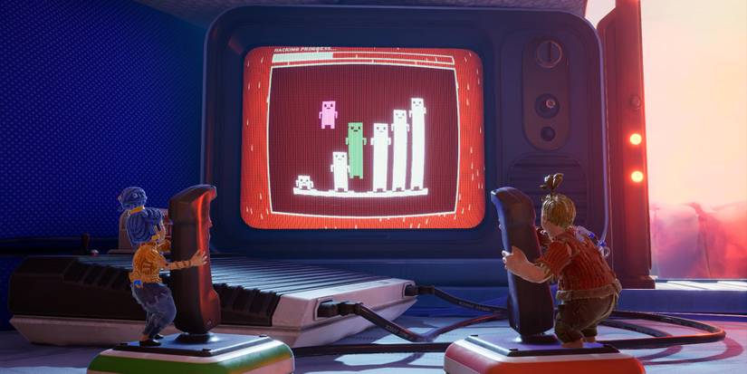 May & Cody playing a video game on a CRT in It Takes Two