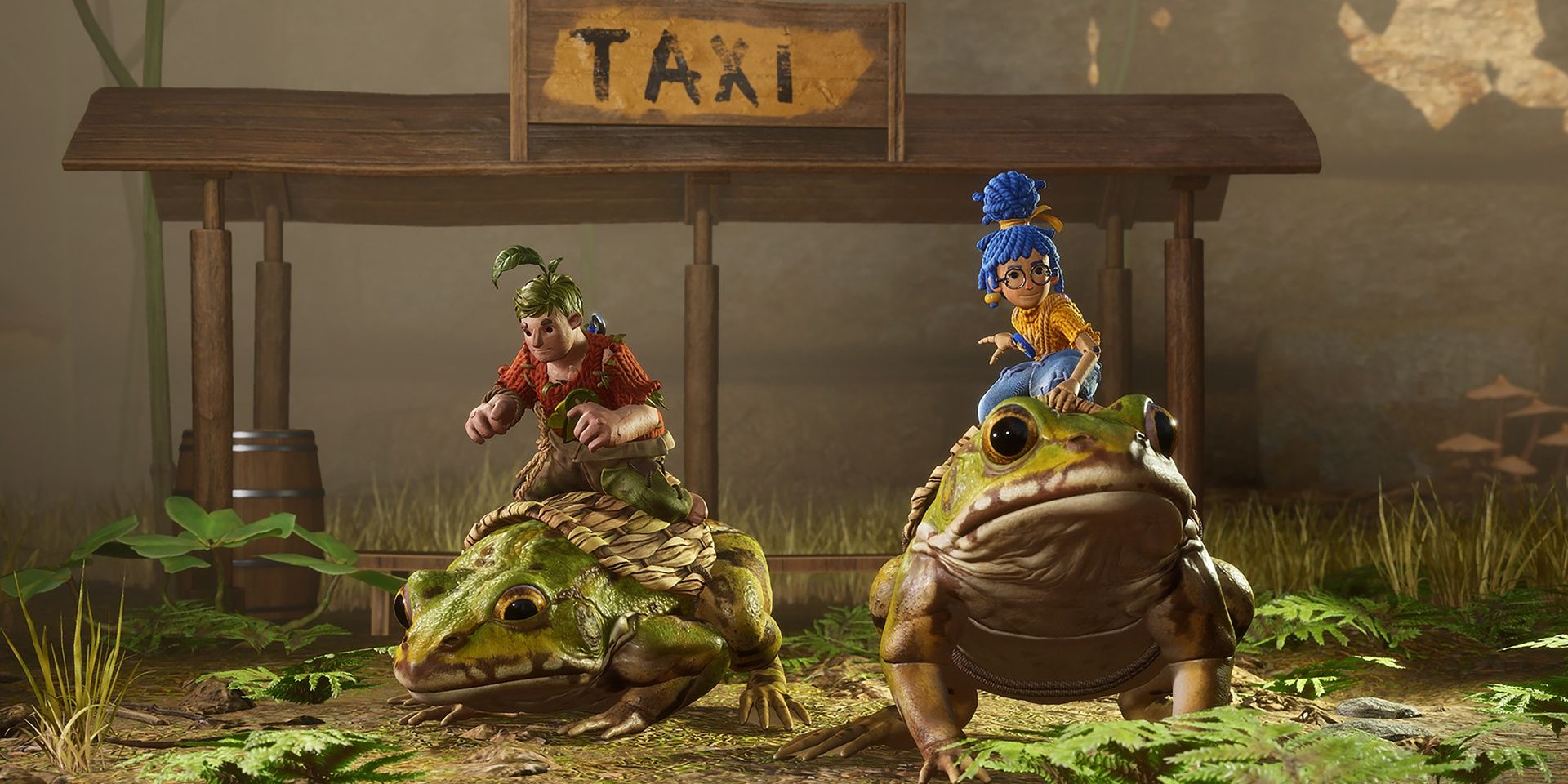 Cody and May ride frogs out of a taxi stall in It Takes Two