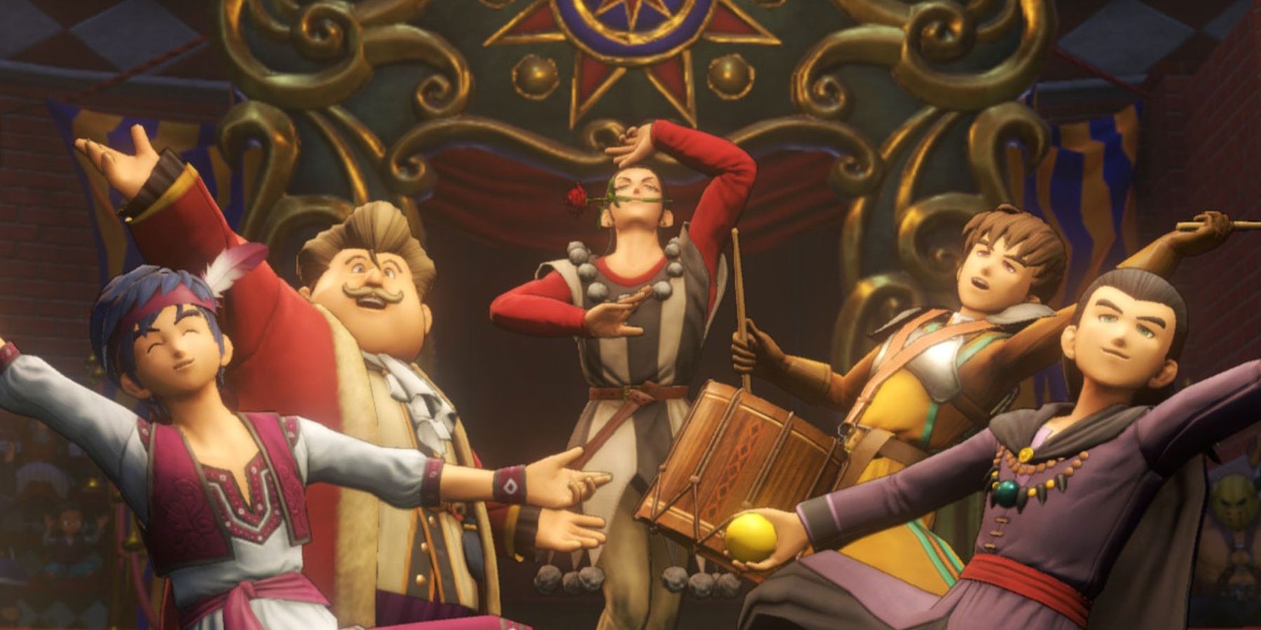 Sylvando and his troupe in Dragon quest 11