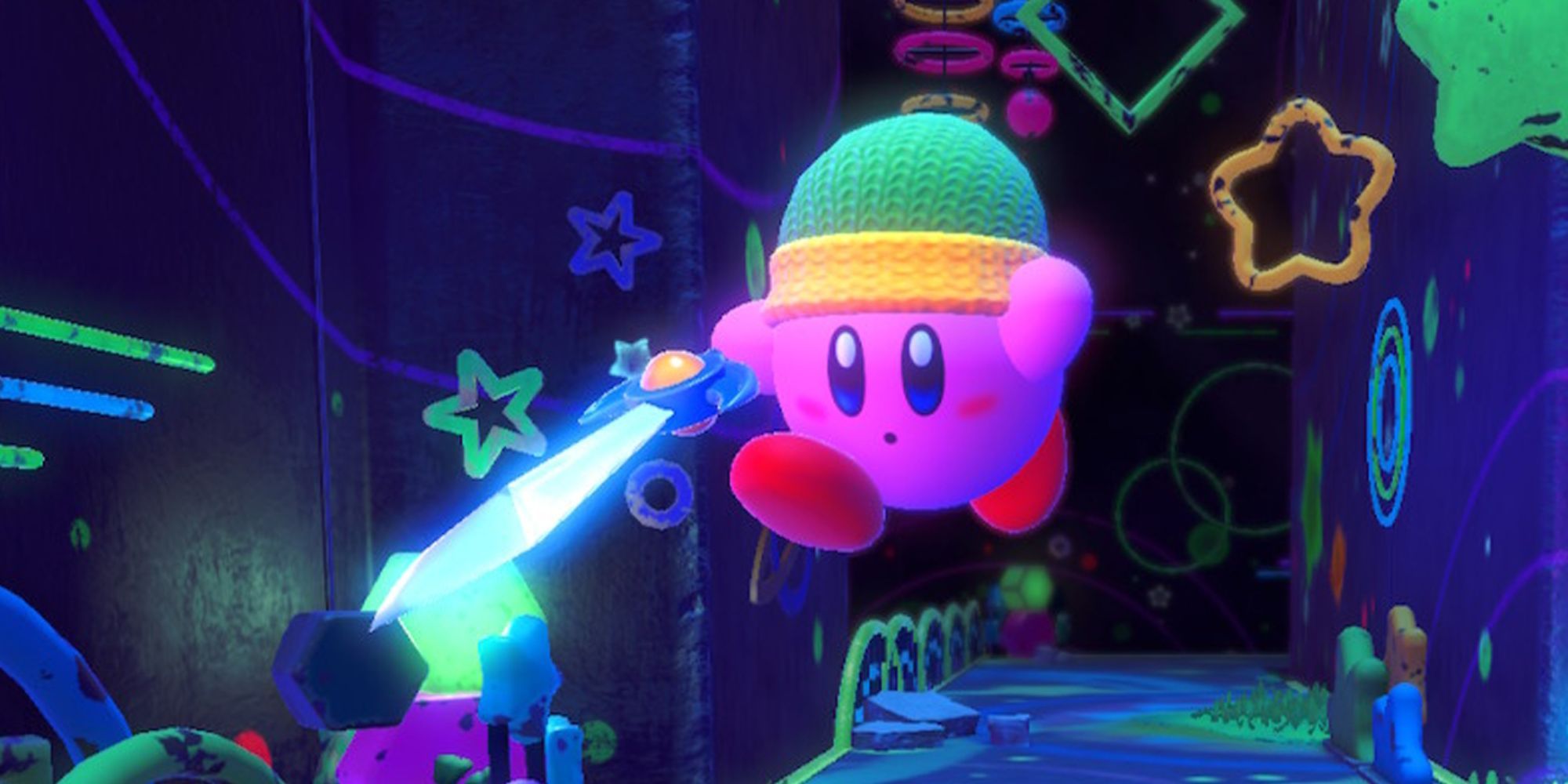 Kirby jumping through dark level with sword