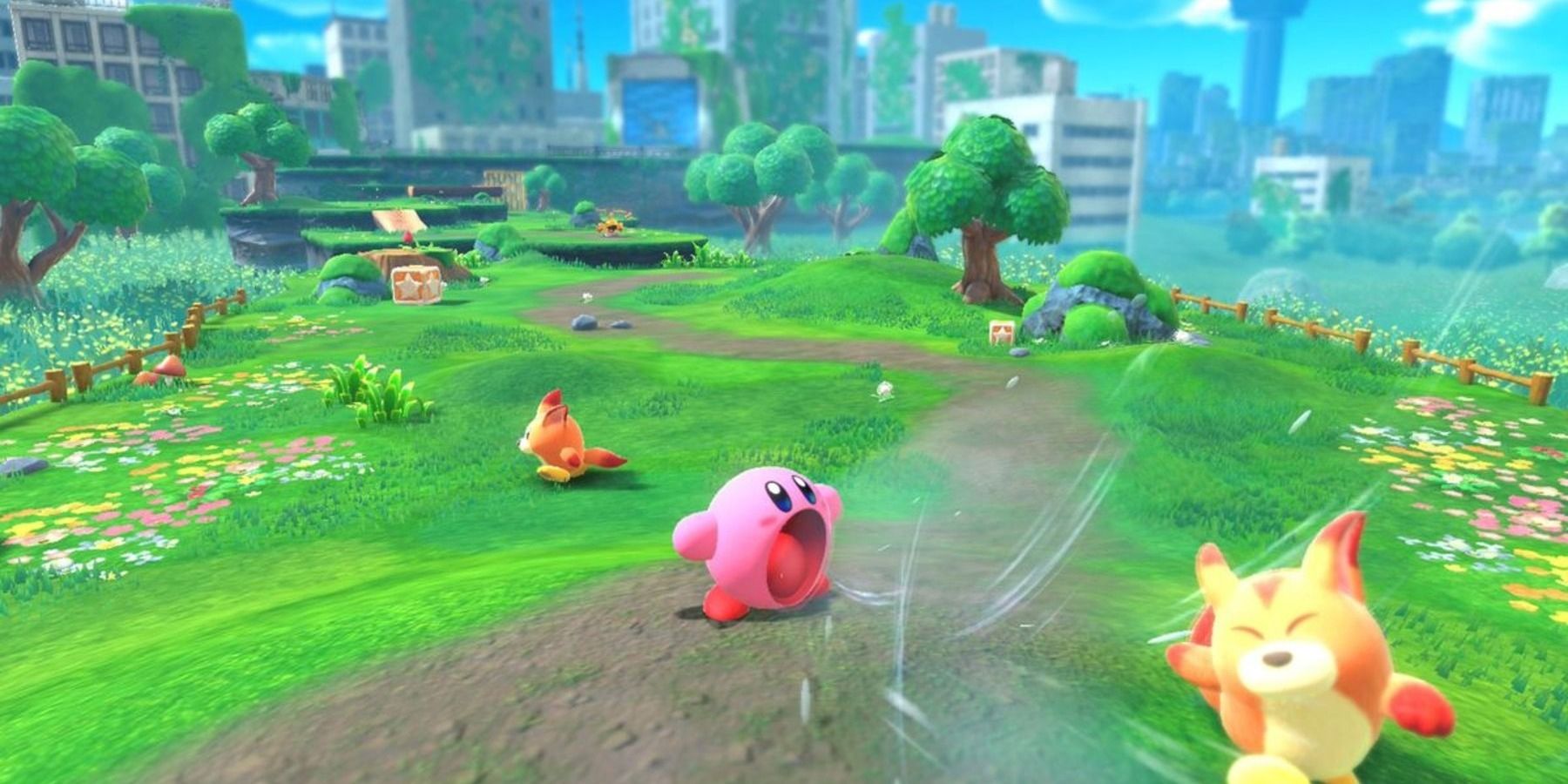 Kirby sucking up enemies in Kirby and the Forgotten Lands 