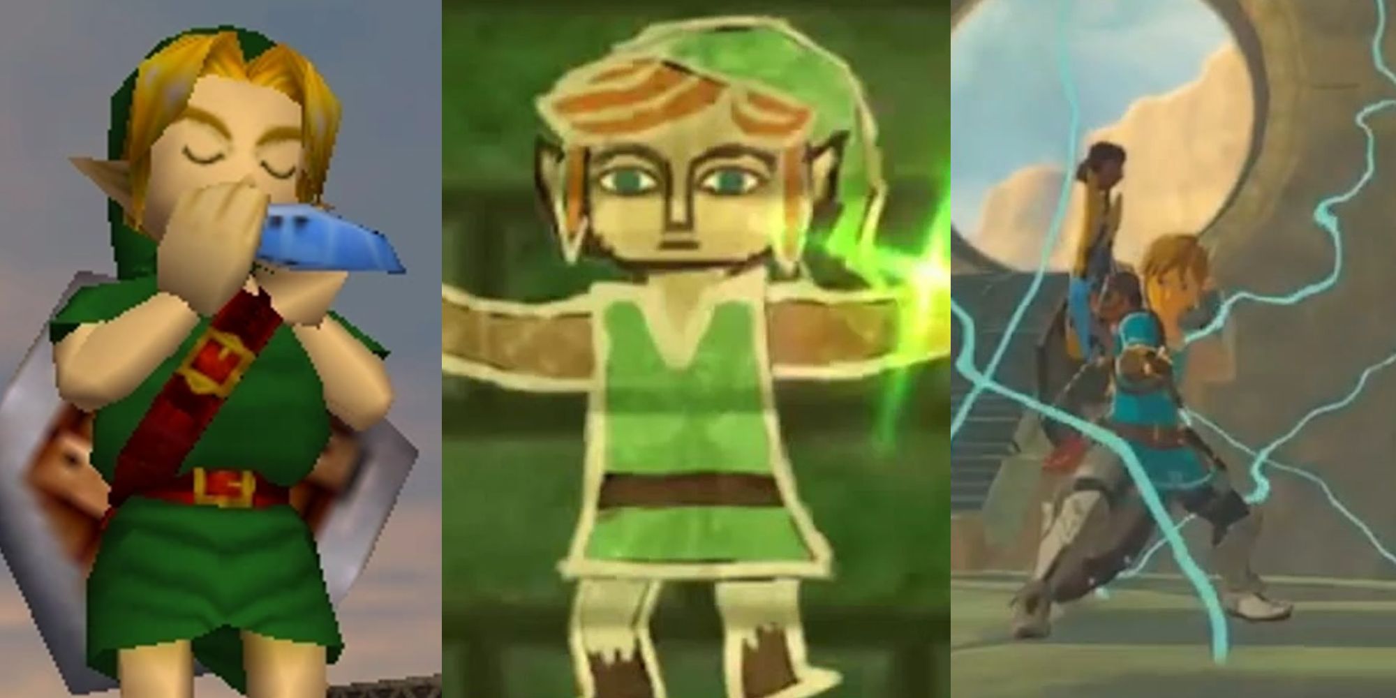 Young Link playing the ocarina of time; Link stuck as a painting; Link creating an electrical field