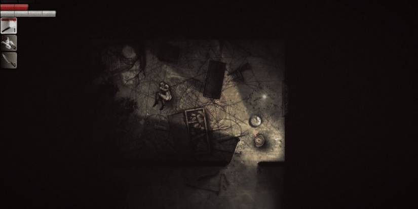 A player looking at someone lying on floor in Darkwood