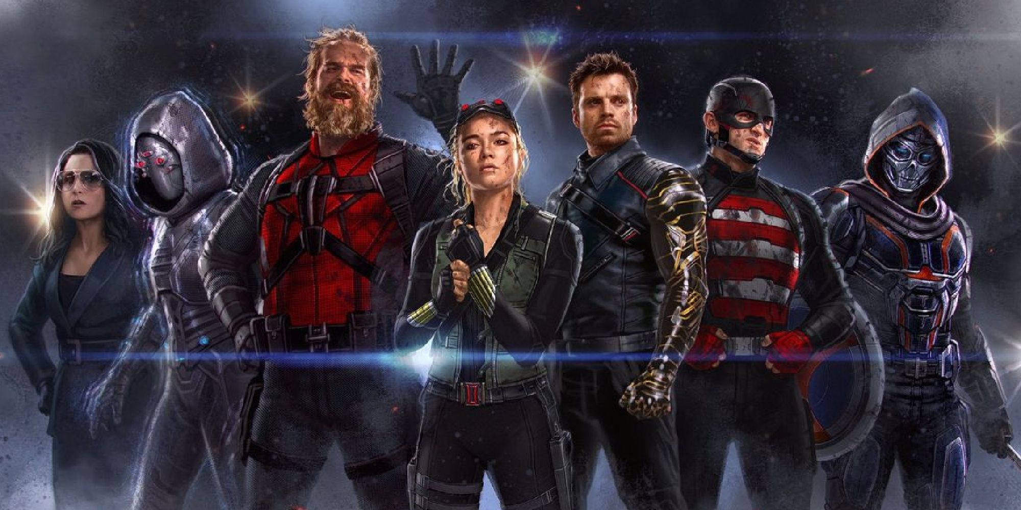 The MCU's Thunderbolts cast: Valentina, Ghost, Alexei, Yelena, Bucky, US Agent and Taskmaster