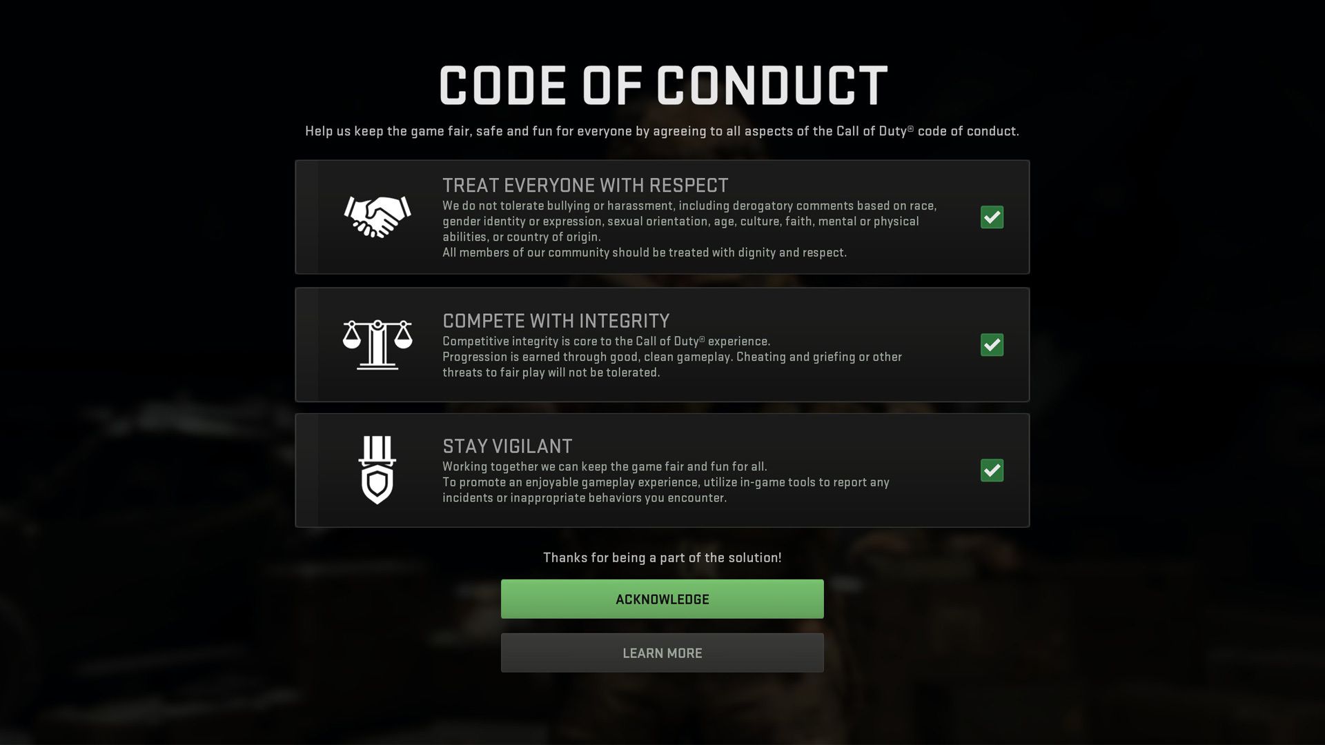 New Code of Conduct acceptance screen for Modern Warfare 2